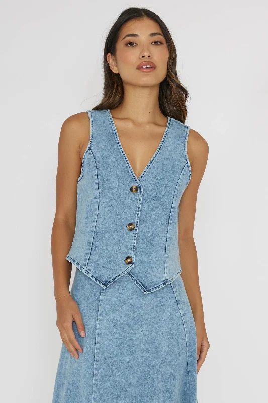 Rhythms Button Vest Denim Blue Dark Denim Skirt