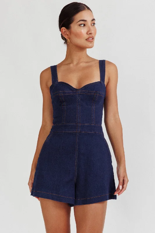 Tease Me Sweetheart Neckline Denim Romper Indigo A-line Denim Skirt