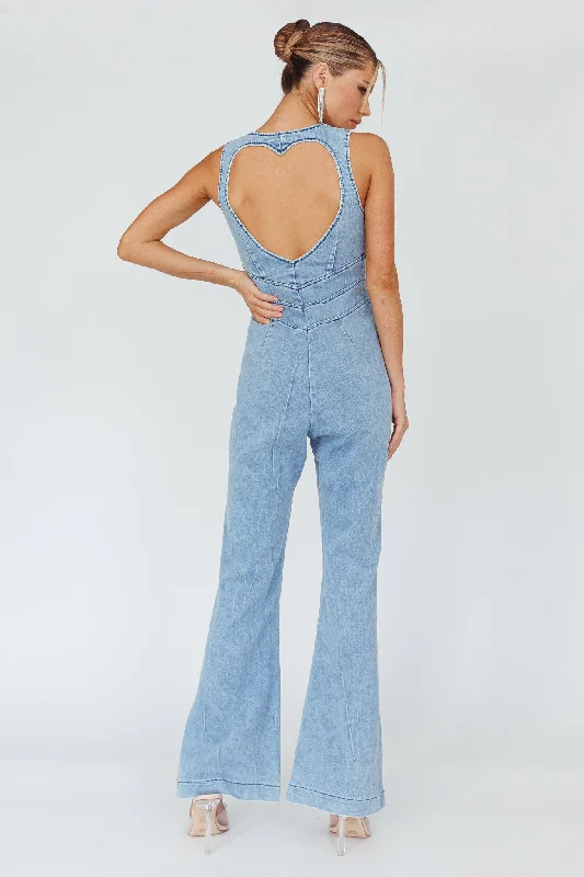 Teigan Heart Back Sleeveless Jumpsuit Light Denim Casual Denim Skirt