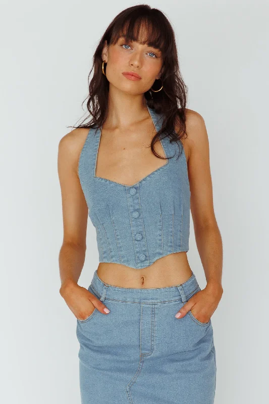 Zurich Halter Crop Top Denim Blue Casual Button Denim