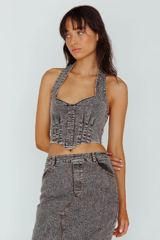 Zurich Halter Crop Top Denim Grey Printed Denim Skirt